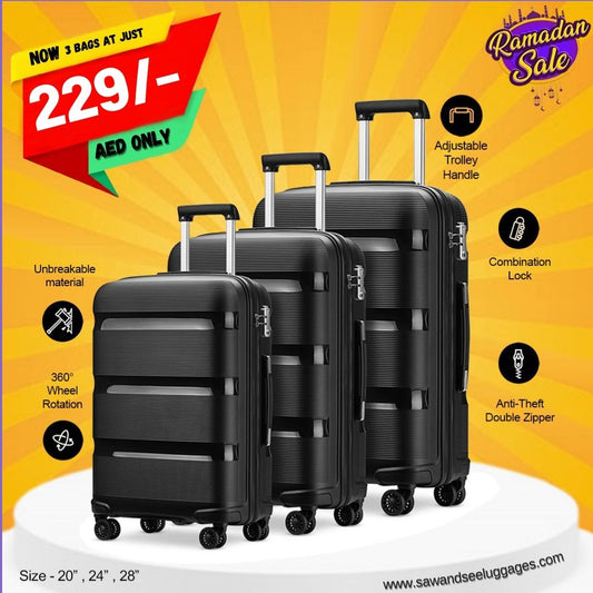 3-Piece Polypropylene Unbreakable Hardshell Luggage Set (20”, 24”, 28”)