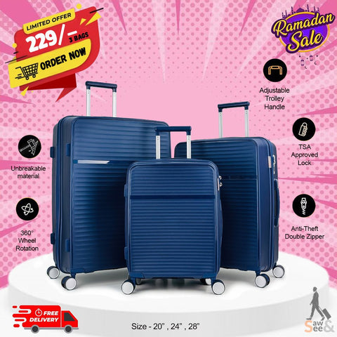 3 Piece Unbreakable Polypropylene Luggage Set – 20", 24", 28"