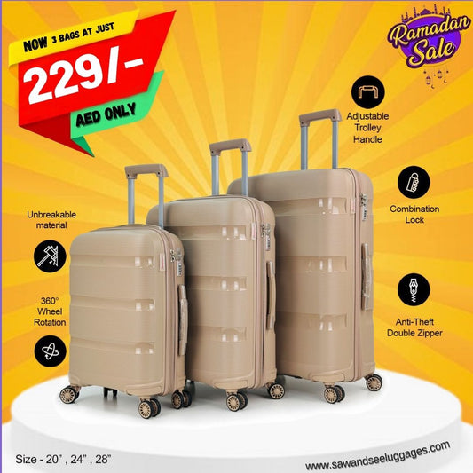 3-Piece Polypropylene Unbreakable Hardshell Luggage Set (20”, 24”, 28”)