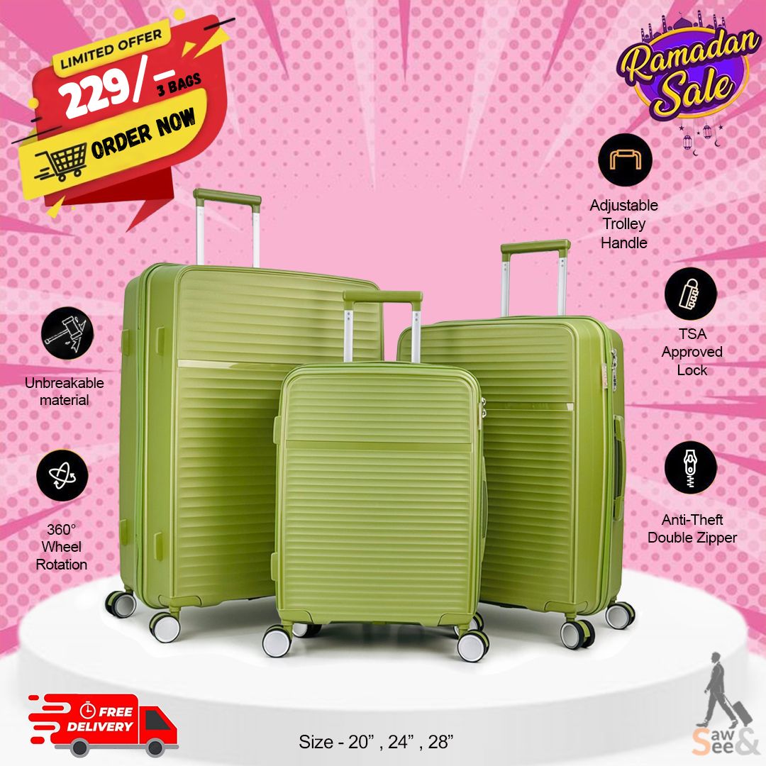 3 Piece Unbreakable Polypropylene Luggage Set – 20", 24", 28"
