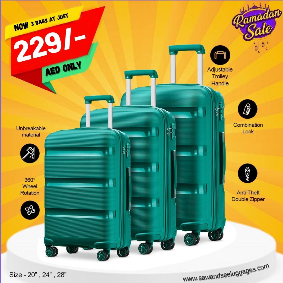 3-Piece Polypropylene Unbreakable Hardshell Luggage Set (20”, 24”, 28”)