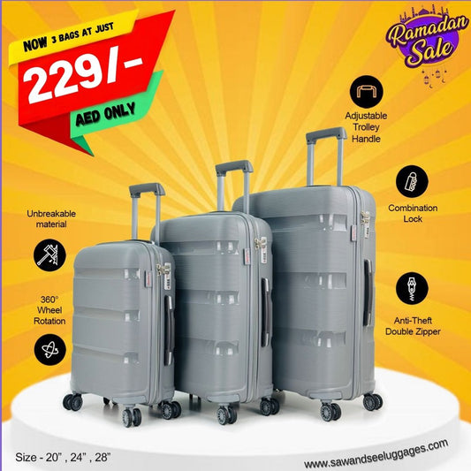 3-Piece Polypropylene Unbreakable Hardshell Luggage Set (20”, 24”, 28”)