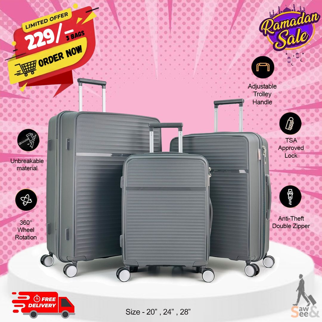3 Piece Unbreakable Polypropylene Luggage Set – 20", 24", 28"