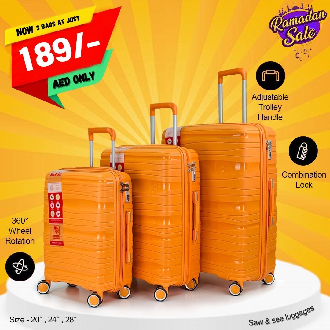 3-Piece Polypropylene Unbreakable Hardshell Luggage Set (20”, 24”, 28”)