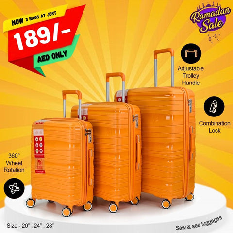 3-Piece Polypropylene Unbreakable Hardshell Luggage Set (20”, 24”, 28”)