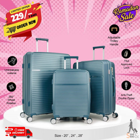 3 Piece Unbreakable Polypropylene Luggage Set – 20", 24", 28"