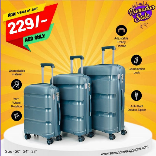 3-Piece Polypropylene Unbreakable Hardshell Luggage Set (20”, 24”, 28”)