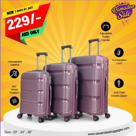 3-Piece Polypropylene Unbreakable Hardshell Luggage Set (20”, 24”, 28”)